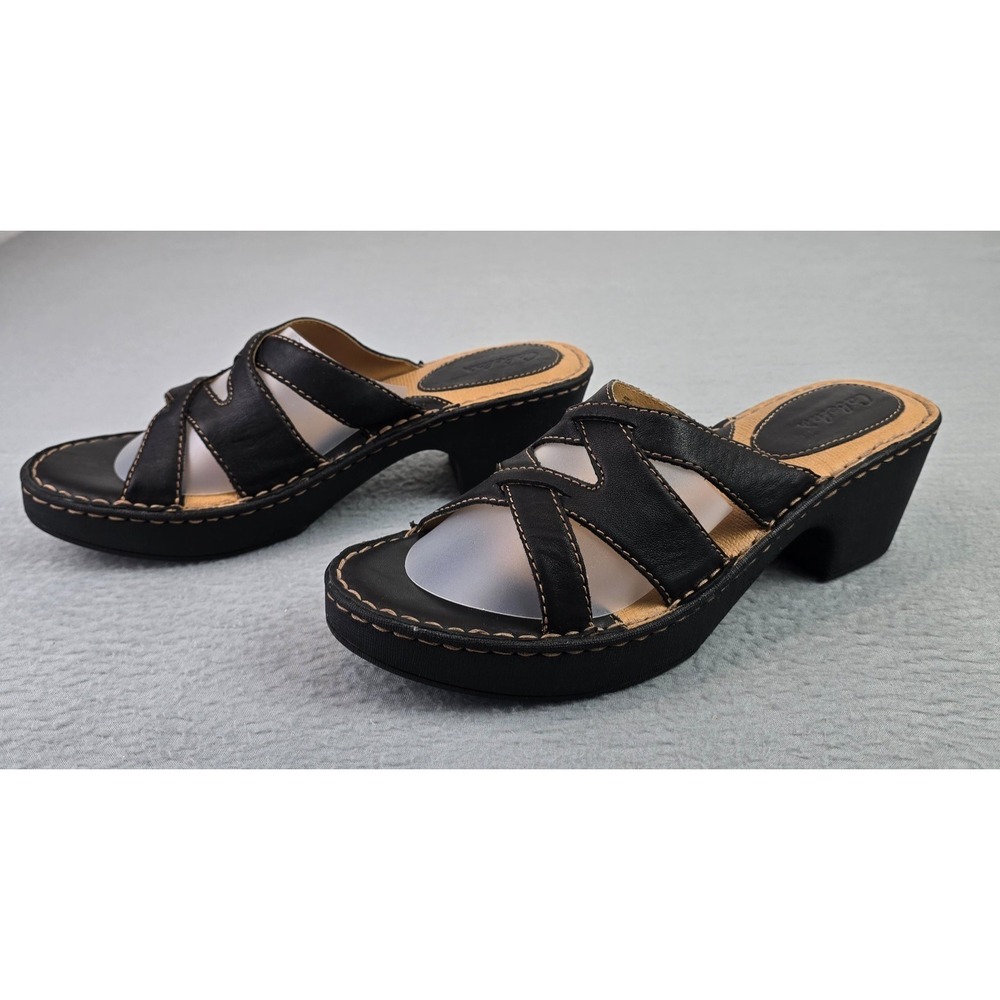 Cabela's Women's Black Leather Slide Sandals Comfort Heeled Mule Shoes Size 10M